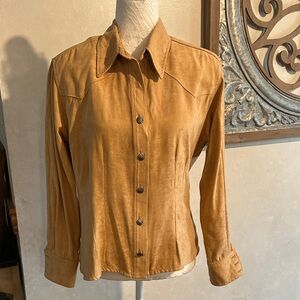 Women's Tan Suede Button-Down Shirt - Classic Collared Style. Size Medium